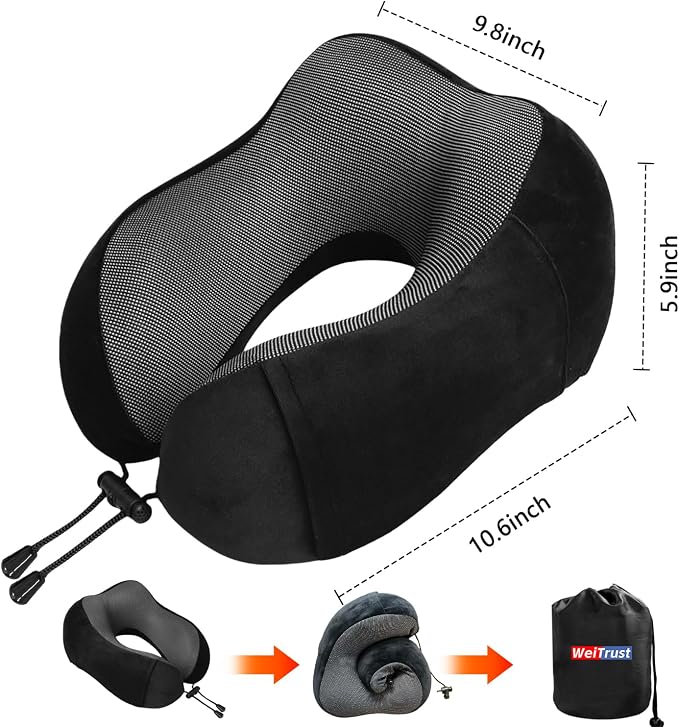 Airplane Pillow, Travel Neck Pillow with Memory Foam - Adjustable Buckle & Machine Washable Cover for Flights, Car, Office - Includes Eye Mask & Ear Plugs(Black) - Image 7