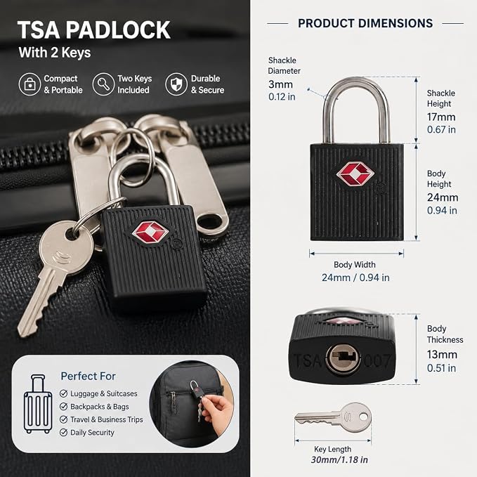 [2 Pack] Luggage Locks with 2 Keys, TSA Approved Padlock, Small Travel Lock | Solid Brass Copper Keyed Padlock for Luggage, Suitcases, Backpacks, Travel Bags, Gym Locker, Jewelry Box, Black - Image 3