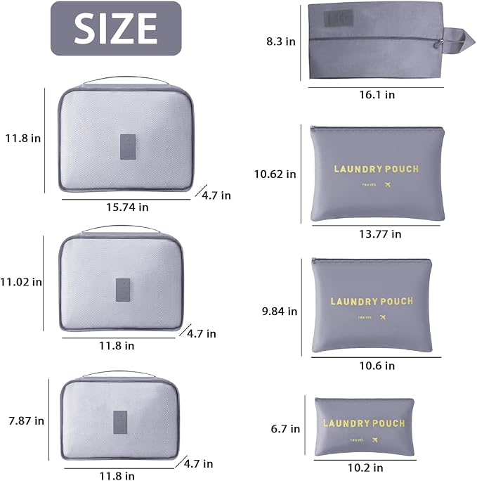 INVODA 7 Set Packing Cubes for Suitcases Travel Essentials for Carry on Luggage Organizer Bags Set for Travel Accessories Luggage Cubes (Grey) - Image 5