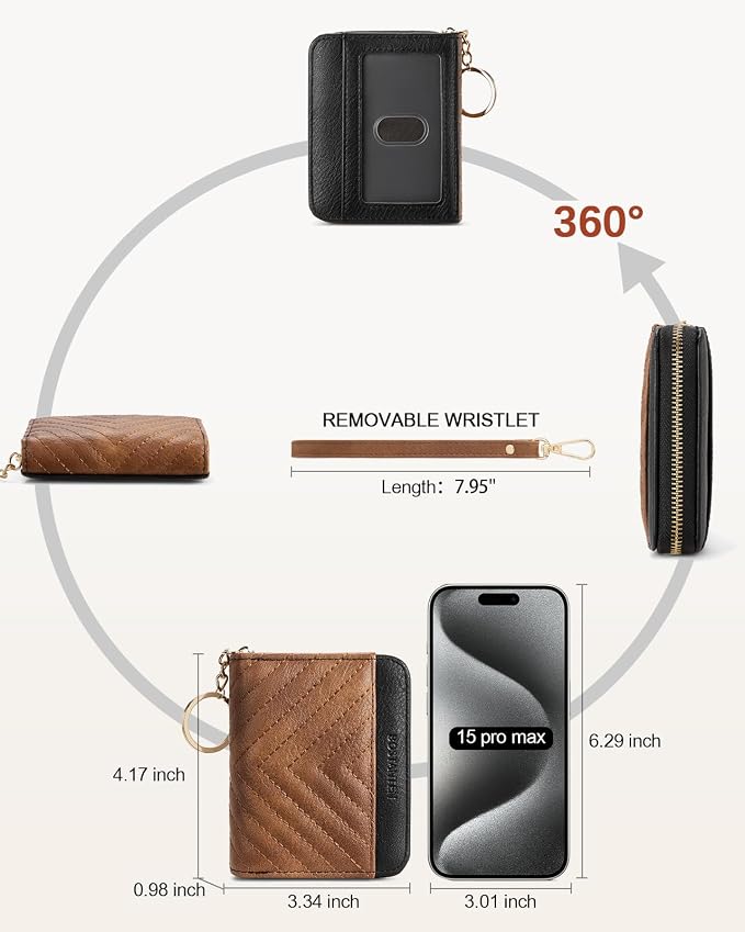 BOSTANTEN Credit Card Holder Small RFID Wallet Women with Keychain Wristlet | Compact, Accordion Design, Easy Organization, Fits Small Purses, Quilted Vegan Leather, Perfect Gifts, Brown＆Black - Image 4