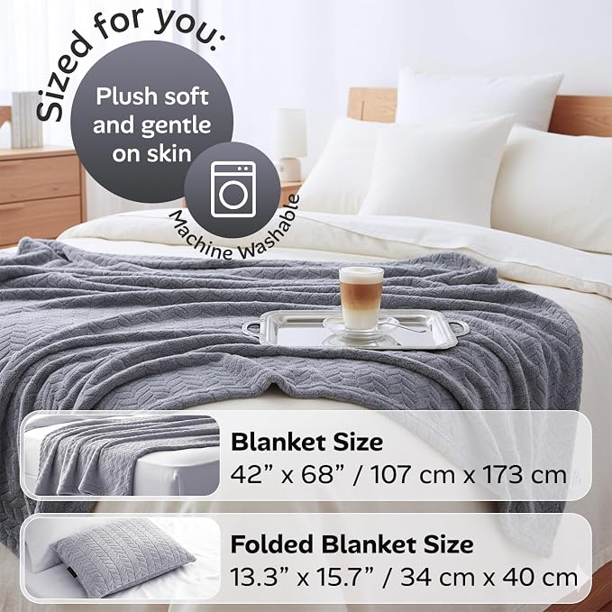 Travel Blanket and Pillow Set, Soft Fleece Airplane Blanket, Grey | Ultra Soft Lightweight Portable Cozy Blanket for Airplane, Car, Camping, Bus, for Men, Women and Kids, 42" x 68" - Image 4