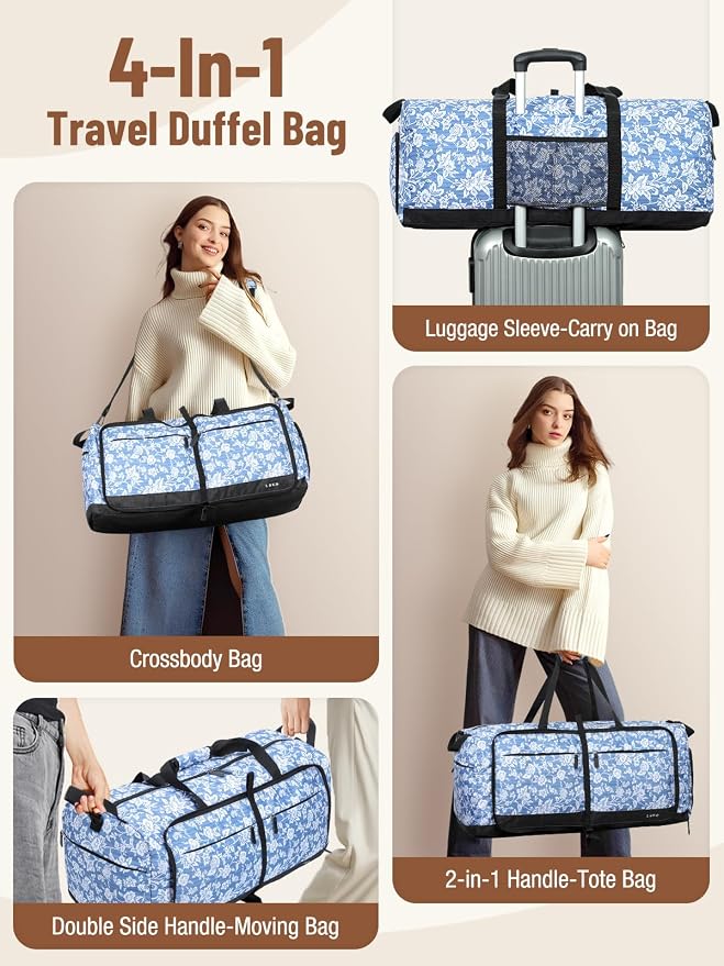 Lekesky Foldable Travel Duffle Bag for Women, Large Duffel Bag with Separate Shoes Compartments & Straps, Carry On Weekend Bag for Women (Blue Floral Print, 80L) - Image 5