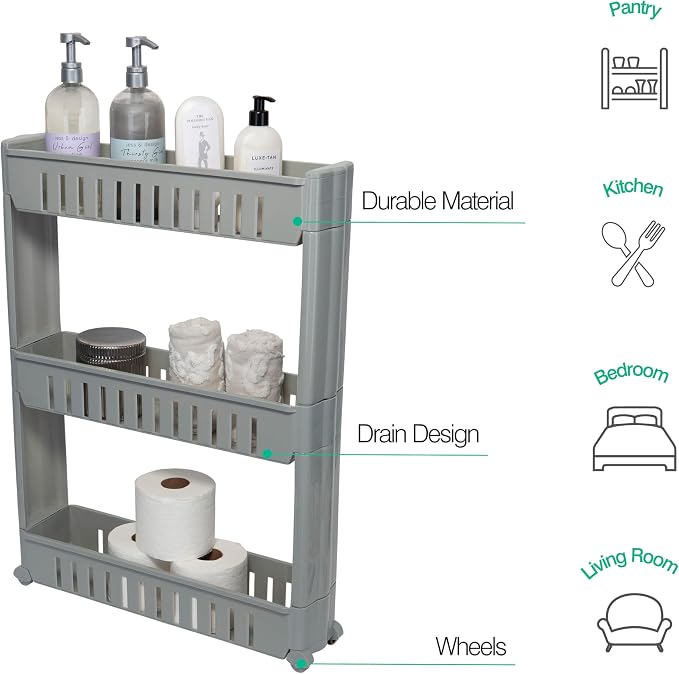 Simplify 3 Tier Slim Slide Out Storage Cart | Multi-Purpose Organization | Rolling | Wheels | Small Space | Laundry Room | Kitchen | Bathroom | Office | Grey - Image 2