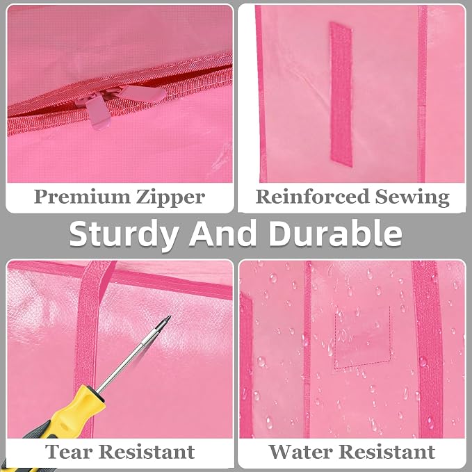 12 Pack-Extra Large Heavy Duty Moving Bags - Waterproof Storage Totes with Handles & Zippers, Foldable for College Dorm, Storage (Pink) - Image 4