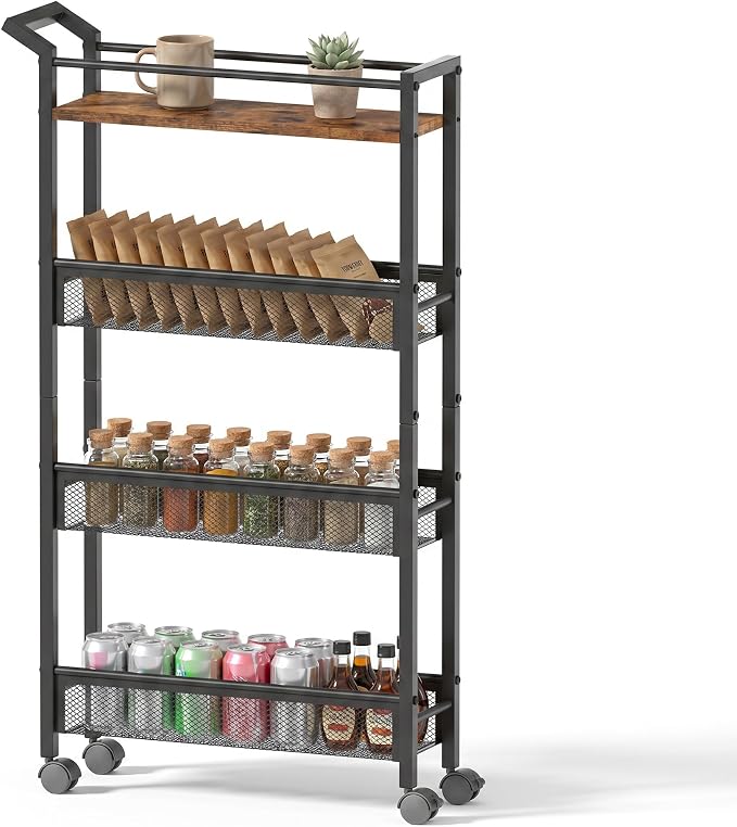 4 Tier Slim Rolling Storage Cart, 5.1 Inch Wide Narrow Storage Cart with Handle, Iron Wood Utility Slide Out Pantry Shelf Organizer for Laundry Room, Bathroom, Kitchen, Small Spaces, Black by Unknown