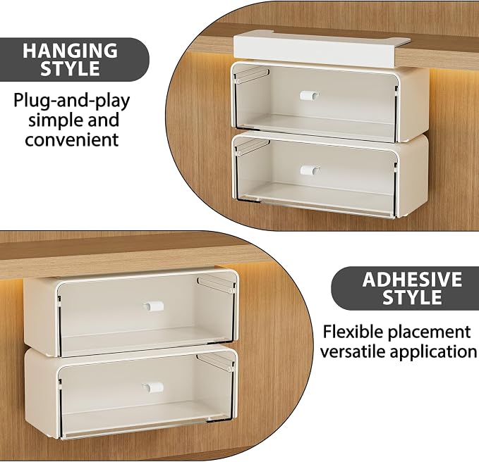 2 Pack Hanging Under Shelf Storage Container, No Drill Adhesive Pull Out Drawer Organizer, Moisture Proof Clear Makeup Organizer for Tables, Home & Office, Counters, Workstation - Image 6