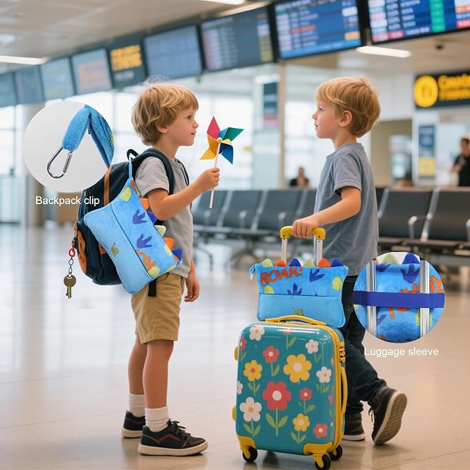 3 in 1 Travel Pillow and Blanket Set for Kids | Soft Travel Blanket Airplane Campact with Bag,Pillow Blanket for Boys with a Pocket,Backpack Clip, Luggage Sleeve (Dinosaur) - Image 2