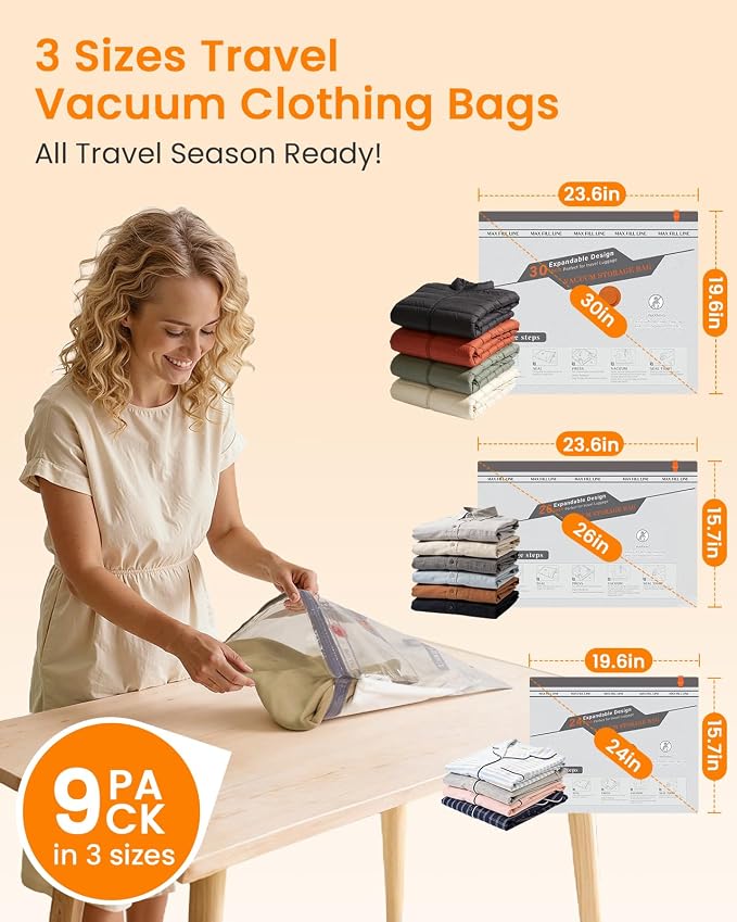 Vacuum Seal Bags for Clothing Travel with Rechargeable Cordless Pump, 9 Pack Compression Space Saver Bags for Packing, Luggage and Seasonal Storage - Image 2