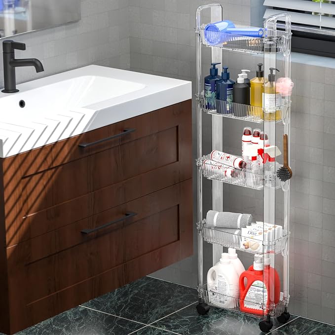 3 Tier Rolling Cart with Wheels,Clear Narrow Bathroom Rack Organizer,Slim Storage Cart,Three Tier Thin Shelf and Narrow Rolling Utility Cart for Small Space Shelf,Dorm Room,Kitchen,Laundry - Image 8
