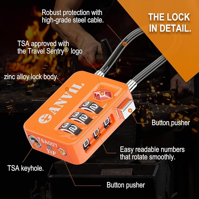 ANVIL TSA Locks for Luggage with Search Alert: Durable Cable Combination Locks, TSA Approved - Secure Travel Locks for Suitcases, Backpacks & Gun Cases (2, Orange) - Image 8