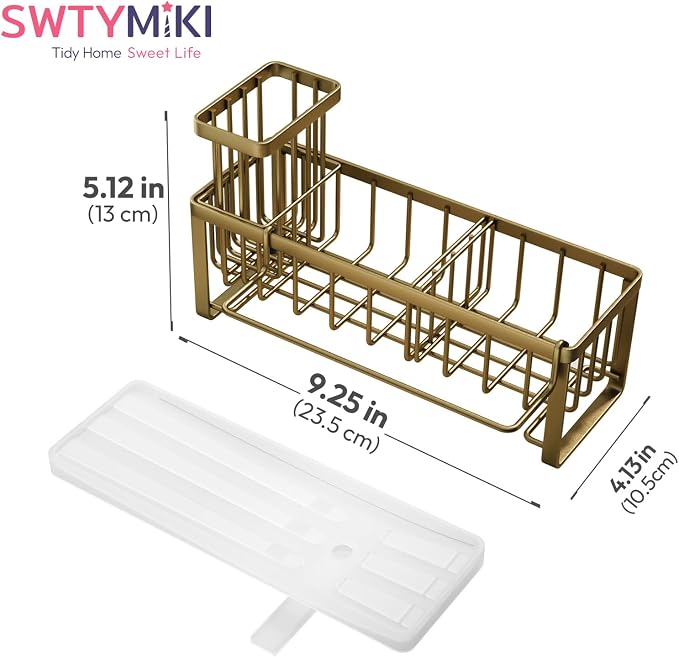SWTYMIKI Sponge Holder for Kitchen Sink - Sink Caddy with Brush Holder Self-draining Sponge Caddy Organizer with Divider Stainless Steel Kitchen Accessories Storage for Countertop, Dark Gold - Image 8