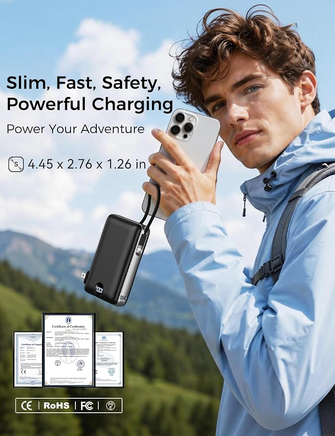 Portable Charger Power Bank 50000mAh Massive Capacity with Wall Plug | Built-in USB-C & iOS Cables, 22.5W Fast Charging Battery Pack with LED Display, Travel Essential for Camping, iPhone, Samsung - Image 5