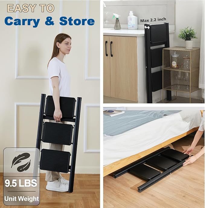Double Elite Folding 3 Step Ladder, Sturdy 330 Lbs Load Small Step Stool for Adults, Safer Full Steel Multi-use Kitchen Ladder for Home, Closet Step Stool Ladder with Wide Pedals, Black, 3-Step - Image 4