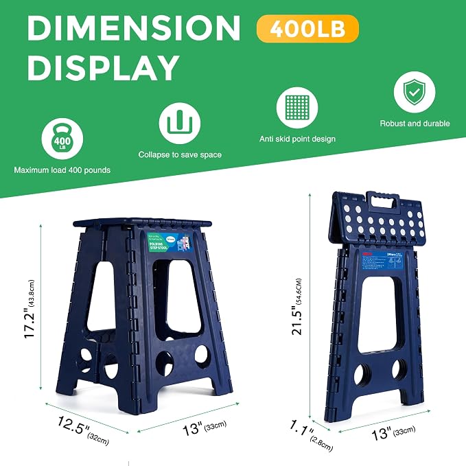 Dyforce Folding Step Stool 17.5 Inch,400lbs Foldable Step Stool for Adults | Step Stool Foldable Blue,Non-Slip Plastic Stepping Stool with Carry Handle,Lightweight for Bathroom Kitchen Bedroom Garden - Image 7