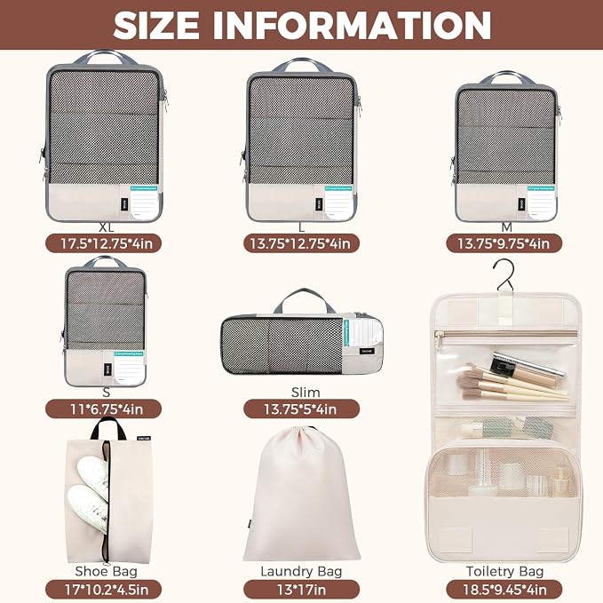BAGAIL 4 Set/6 Set/8 Set Compression Packing Cubes Travel Accessories Expandable Packing Organizers (Half Mesh, 8-Beige) - Image 2