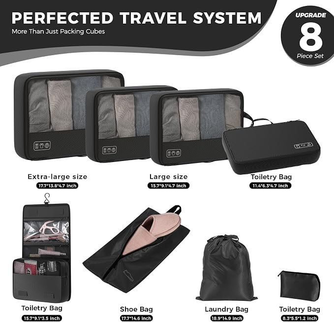 Compression Packing Cubes for Travel, 8-Piece Luggage Organizers Space-Save | Ultralight Sleek Luggage Organizer Set for Business Trips & Frequent Travelers, Space Saving for Carry-On & Suitcase - Black - Image 4