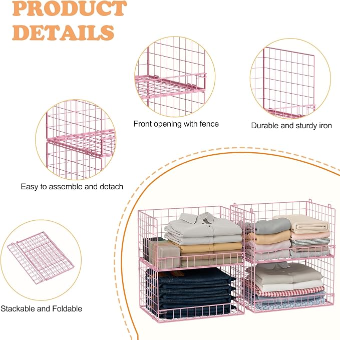 4-Tier Closet Organizers and Storage, Stackable Closet Organizer Basket, Foldable Closet Shelf Organizer Basket, Stackable Storage Bins and Organizer Shelves for Home Closet Organizer System, Pink - Image 3