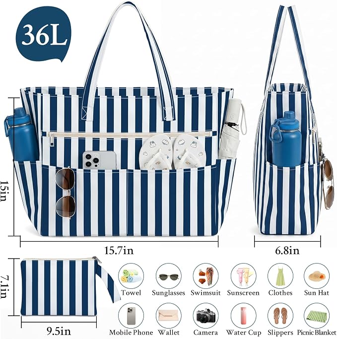 Large Beach Bags for Women, Waterproof Sandproof Beach Tote Bags Swim Pool Bags with Zipper & Wet Pocket Family - Image 5