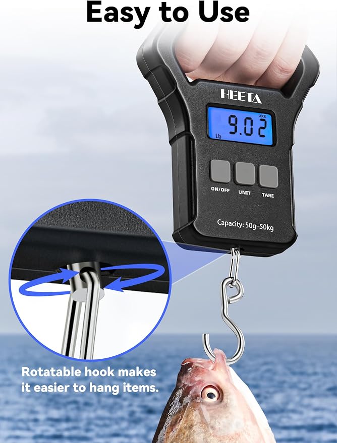 HEETA Fish Scale 110lb/50kg Digital Hanging Fishing Luggage Weight Scale | Portable with Backlit LCD Display, Hook & Non-Slip Large ABS Handle, Fishing Gifts Gear for Men, 2 AAA Batteries Included - Image 6