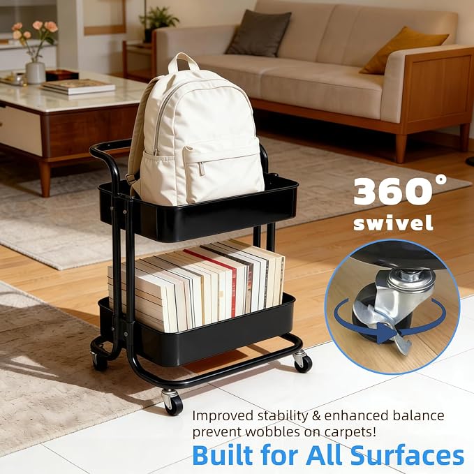 2 Tier Rolling Utility Cart with Wheels All-Metal Short Pantry Cart Under Desk Storage Trolley with Handle, Small Rolling Storage Shelf for Small Space Kitchen Laundry Room Bathroom, Black - Image 2