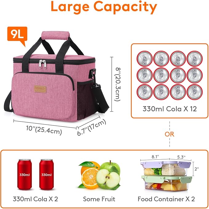 Lifewit Medium Lunch Bag, Insulated Lunch Box, Soft Cooler Cooling Tote for Adult Men Women, Pink 12-Can (9L) - Image 4