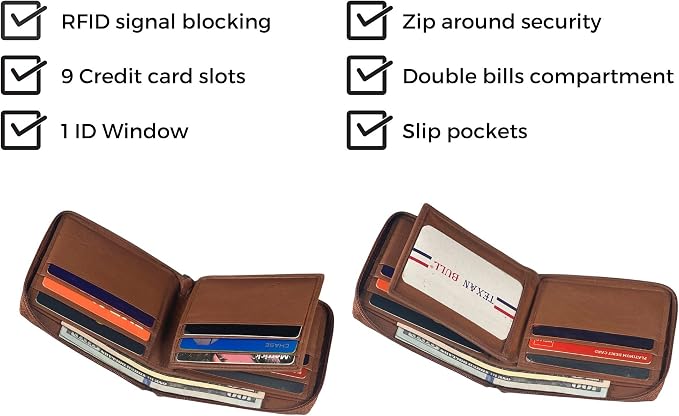 RFID Blocking Bifold Cowhide Leather Wallets For Men With Zipper Security | Safe Metal Zip Chain 9 Card-ID Slim Minimalist Mens Wallet (Tan) - Image 4