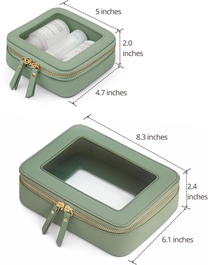 Clear Makeup Bag with Zipper, Set of 2, Mini and Medium, Sage Green | Clear Travel Bags for Toiletries, Structured Cosmetic Case for Women, Waterproof PU Leather, Wide Open Portable Car Organier - Image 2