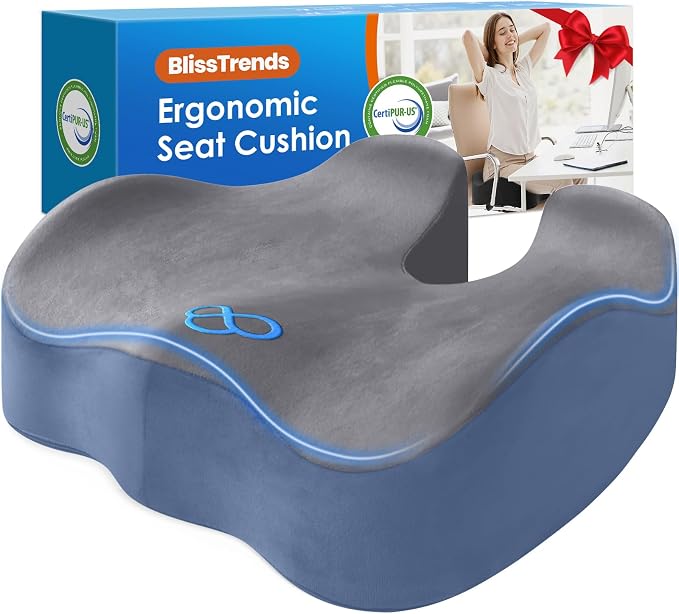 BlissTrends Thick Seat Cushion for Office Chair & Car Seat, XL, Grey&Blue | 5.2in Memory Foam with Removable Velvet Cover, Ergonomic Tailbone & Sciatica Support for Pressure Relief and Long Sitting by BlissTrends