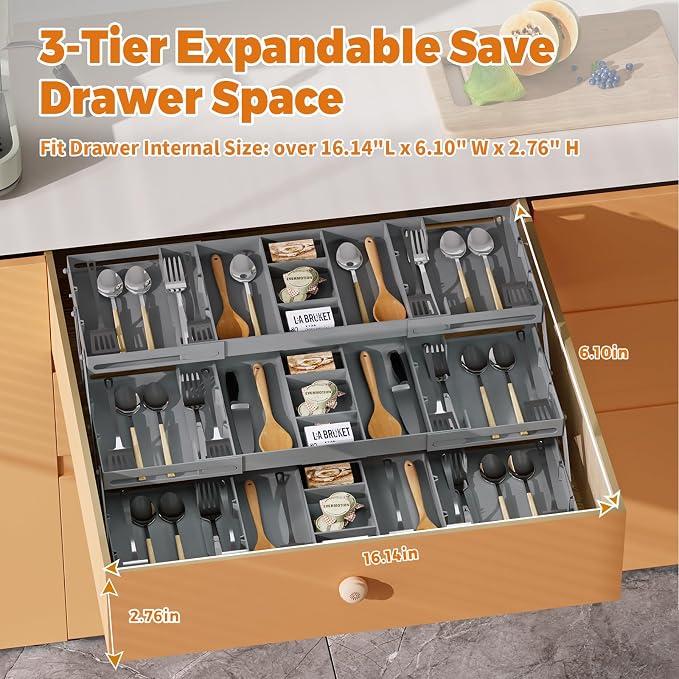 3 Tier Drawer Organizer Versatile Expandable Junk Drawer Organizer Grey | Multi-level Desk Organizer for Makeup, Jewelry, Cosmetics, Kitchen Storage, Smart Office Supply Drawer Storage for Gifts - Image 2