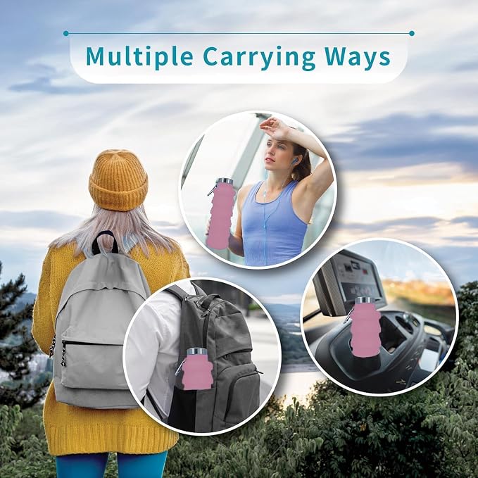 Collapsible Water Bottles 17oz, Odorless BPA-Free Silicone, Leak-Proof Foldable Reusable Bottle - Perfect for Travel Sports Gym Hiking Camping Cycling - Soft Pink - Image 6