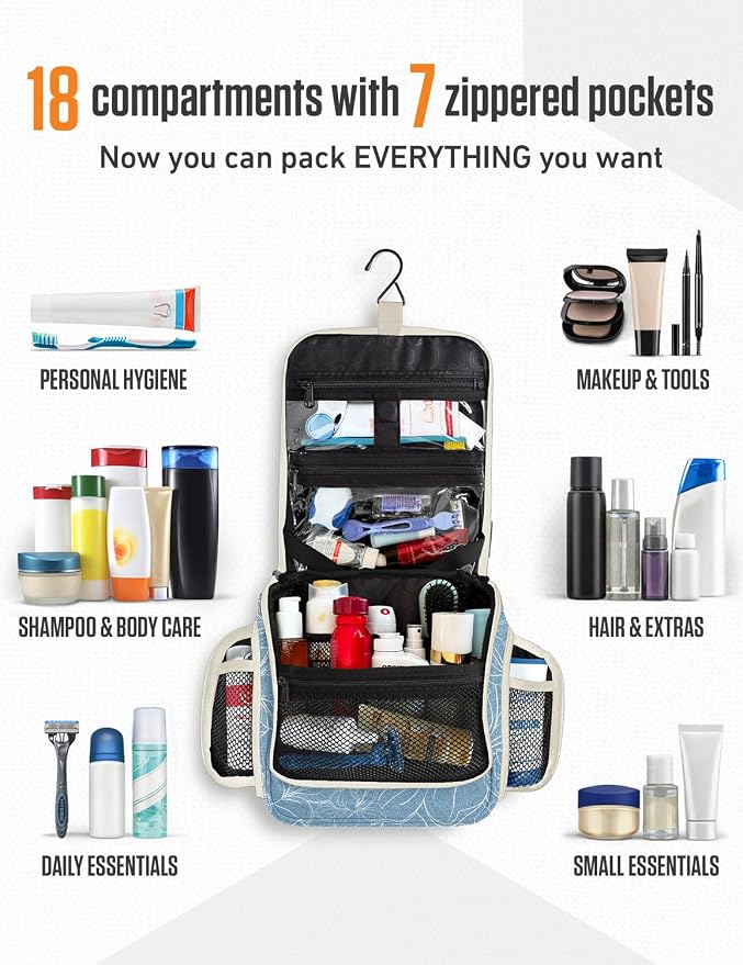 VENTURE 4TH Hanging Travel Toiletry Bag, 17 Compartments - Blue Flowers | Hangs on rails, hooks or doors; stands upright too. Removable TSA pouch. Water-resistant 900D Nylon, reinforced stitching. - Image 3