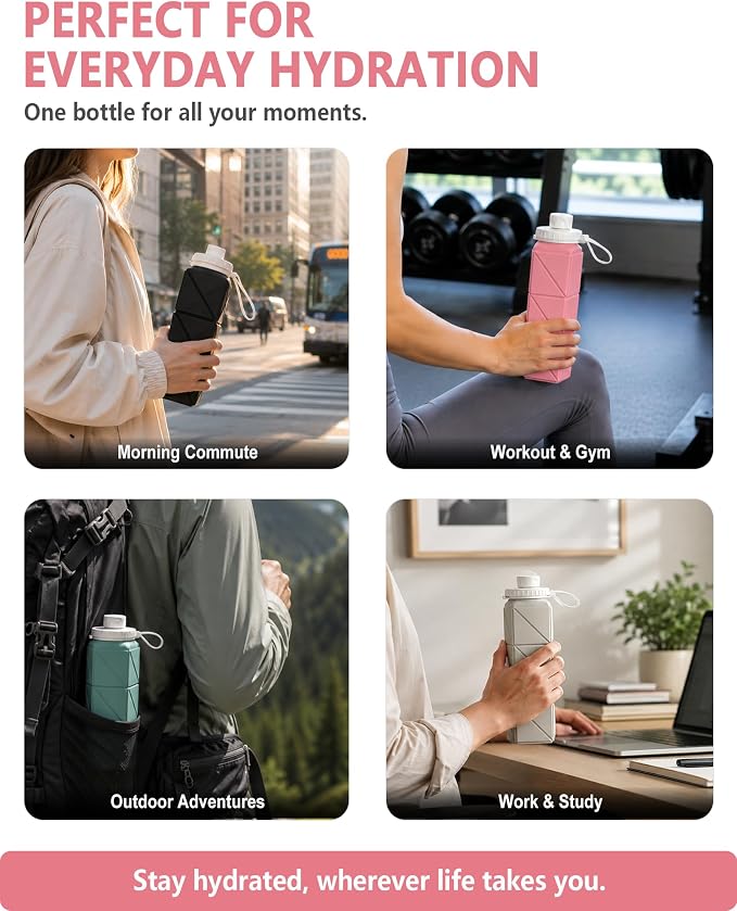BEAUTAIL Collapsible Water Bottles 21oz/610mL, Silicone Travel Water Bottle | BPA Free, Leakproof & Reusable, Foldable Water Bottle for Traveling, Hiking, Cycling, Gym, School, Sports, Outdoor, 3-Pack - Image 6