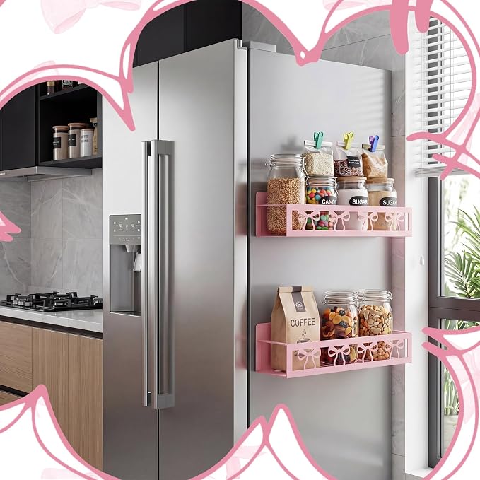 Beeveer 2 Pcs Magnetic Spice Rack for Refrigerator, Pink Bow | Magnetic, No Drilling, Pink Bow Kitchen Decor, Pink Home Accessories, 2 Sizes Metal Storage Shelf for Fridge Spices - Image 7
