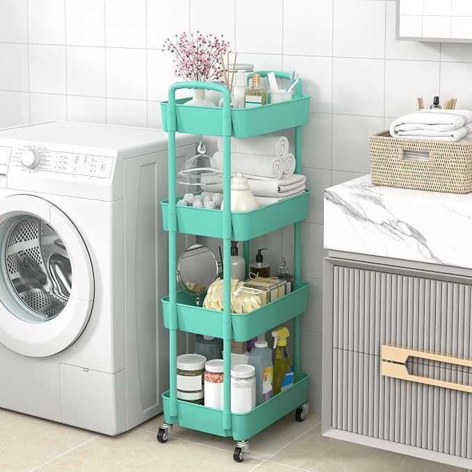 Sywhitta 4-Tier Plastic Rolling Utility Cart with Wheels for Storage,Green | Multi-Functional Storage Trolley, for Office, Living Room, Kitchen, Bathroom,Movable Organizer,Space-Saving,Easy to assemble - Image 4