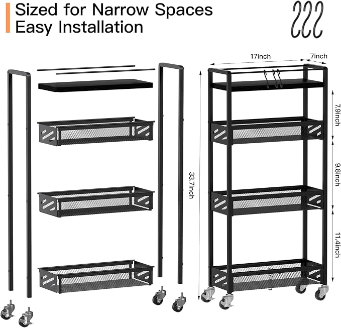 DGSNADGO Slim Rolling Storage Cart, 4-Tier Narrow Kitchen Cart with Wheels | Skinny Rolling Cart, Metal Mobile Snack Shelving, Rolling Spice Rack for Small Space in Kitchen, Living Room,Bathroom, Black - Image 3
