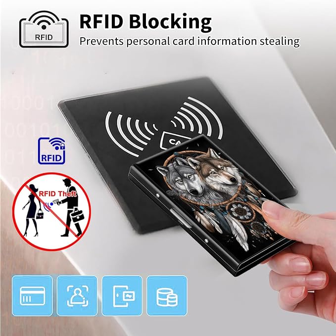 Metal Wallet,Credit Card Holder for Women Men,RFID Blocking Card Holder Wallet Mini Slim Aluminum Wallet ID Case Hard Card Case Business Card Holder Case,Dream Catcher Wolf - Image 3