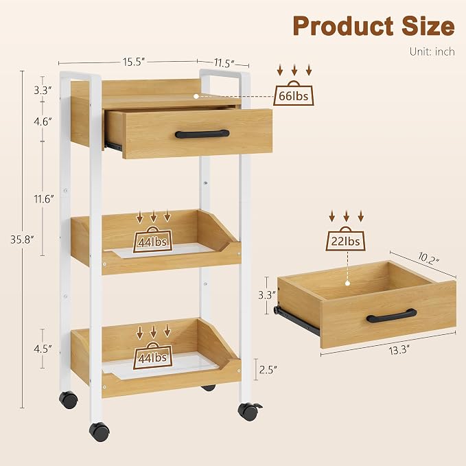 Hoctieon 3-Tier Rolling Storage Cart with Drawer, Rolling Utility Cart Organizer, Mobile Shelving Unit with Wheels, Metal Frame, Kitchen Utility Cart for Small Space, Office, Bathroom, Oak Beige - Image 7