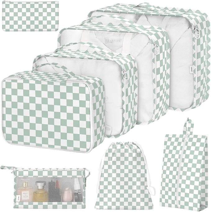 8 Set Packing Cubes for Suitcases,Suitcase Organizer with Shoe,Cosmetics,Clothing, and Accessories Bags for Travel Luggage Organizer Women Men(Green Checkered) by Hatisan