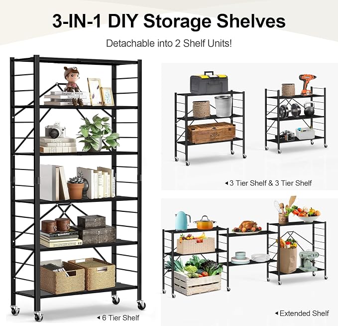 Himix 6-Tier Foldable Storage Shelves with Wheels Adjustable Kitchen Black | Folding shelving units, Metal collapsible organization, Metal shelf, Changeable into 2 shelf units, Garage - Image 3