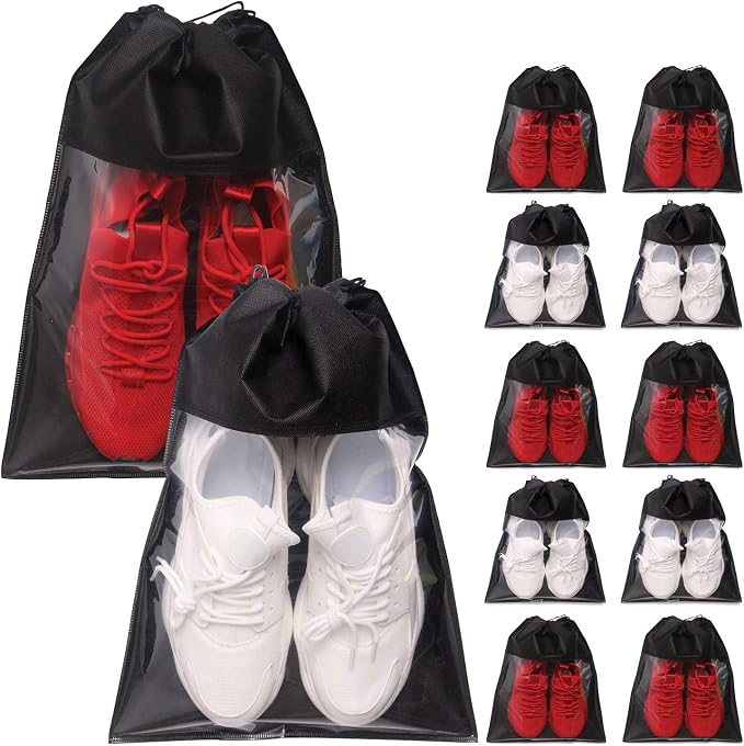 12 Pack Portable Shoe Bags for Travel Large Shoes Pouch Storage Organizer Clear Window with Drawstring for Men and Women Black by TENABORT