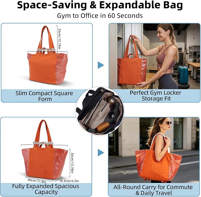 Lightweight Carryall Tote Bag for Women, 25L Expandable Travel Work Bag with Tablet Sleeve, Gym Tote with Yoga Mat Holder & Wet Dry Pocket, 3-Piece Set with Shoe Bag & Cosmetic Pouch (Orange-red) - Image 3