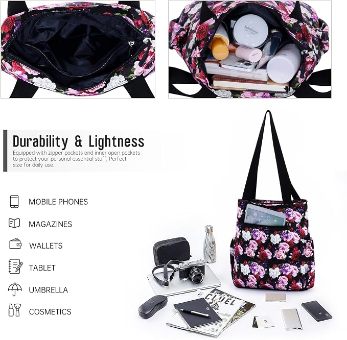 HUA ANGEL Floral Tote Bag - Casual Shoulder Bag Daily Tote Bag with Zipper Gym Travel Shopping Work Handbag for Women - Image 5