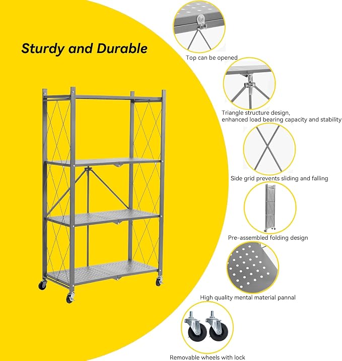 BRIAN & DANY 4-Tier Foldable Storage Shelves with Wheels, Folding Metal Rack Shelving Unit, Heavy Duty No Assembly Organizer Shelf for Garage, Kitchen, Basement, Pantry, Gray - Image 4