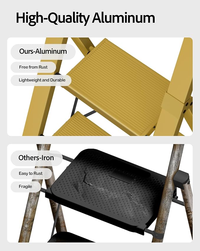 Taranta 3 Step Ladder,Aluminum Step Stool Foldable-Twilight Yellow | Lightweight Folding Ladder with Handgrip,Wide Top Pedal,330lbs Capacity Stepladder for Home,Office,Kitchen - Image 2