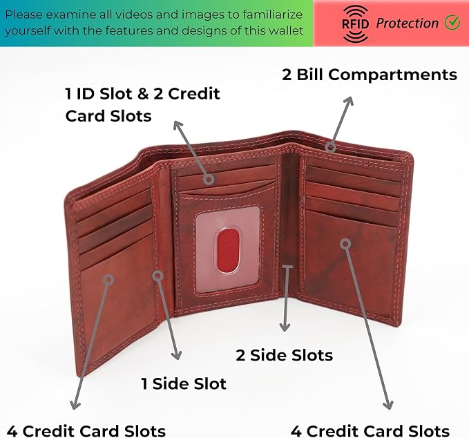 AG Wallets RFID Blocking Wallet for Men - Trifold Minimalist Slim Wallet with 10 Credit Card Slots & 3 Side Slots - 100% Genuine Leather Travel Wallet - Secure Compact Wallet - Burgundy - Image 7