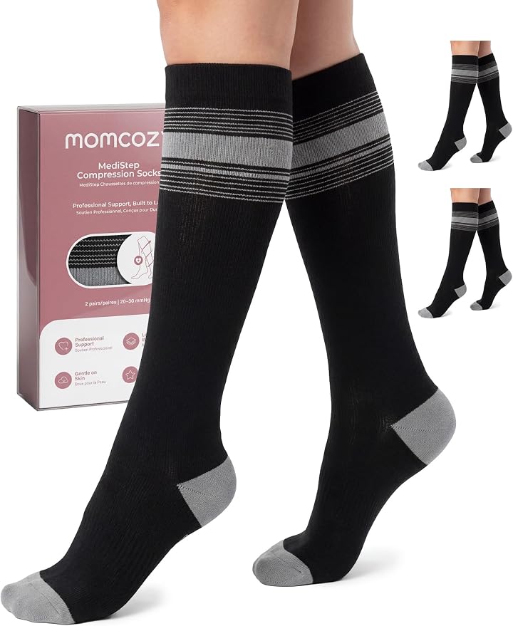 Momcozy Medical Grade Compression Socks, 20-30 mmhg & FDA Registered | FDA Listed Class I Medical Device • 20–30 mmHg Graduated Compression • Made with LYCRA Fiber• 2Pairs by Momcozy