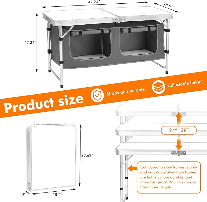 Camp Field Camping Folding Aluminum Table with Adjustable Legs for Outdoor Travel Beach, Backyards, BBQ, Party and Picnic Foldable Table - Image 3