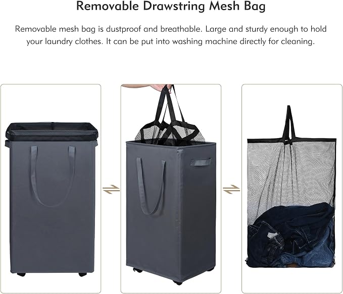 DOKEHOM 90L X-Large Rolling Laundry Basket Hamper on Wheels, Grey | Collapsible clothes hamper with removable mesh wash bag. High-capacity foldable washing bin organizer - Image 8