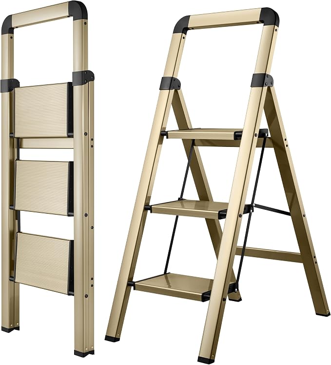 Step Ladder 3-Step Champagne Finish Aluminum Folding Ladders | Anti-slip Sturdy Foldable Ladder Step Stool for Kitchen Home Office Libaray by BIBKOKE
