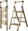 Step Ladder 3-Step Champagne Finish Aluminum Folding Ladders | Anti-slip Sturdy Foldable Ladder Step Stool for Kitchen Home Office Libaray by BIBKOKE